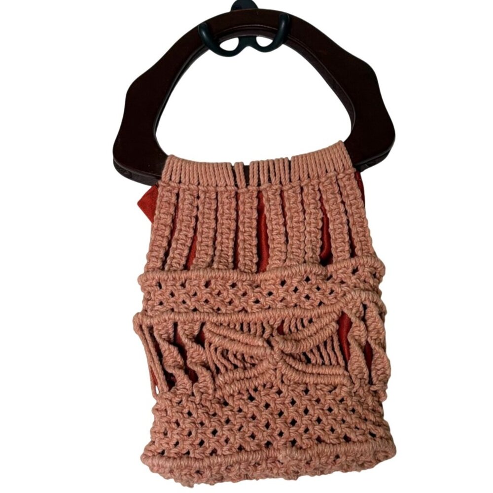 Vintage Macrame Handbag Boho Crochet Purse Wood Handle 70s Tote
